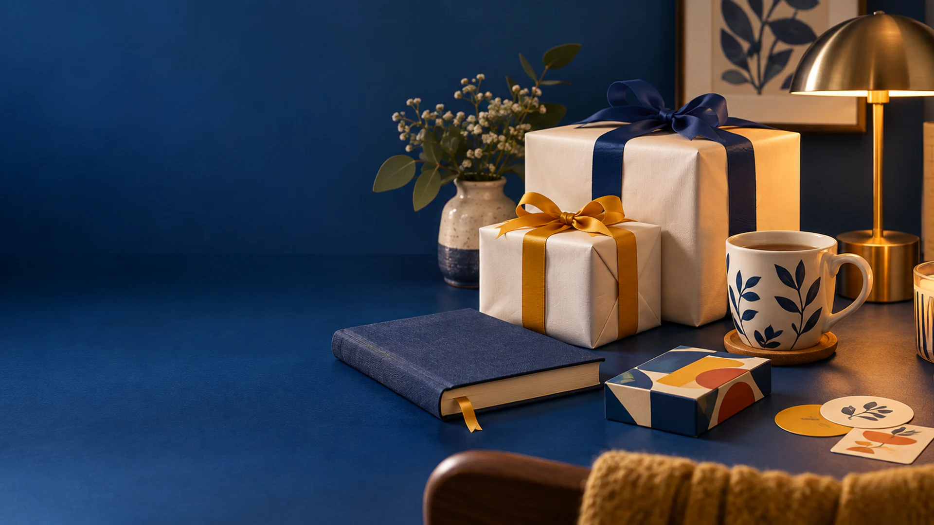 Cadeaux, livre, mug et lampe de lecture dans une ambiance chaleureuse
