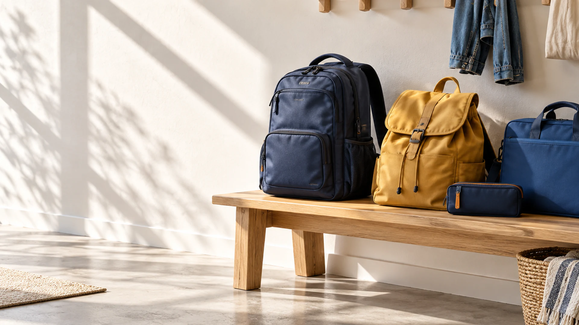 Sacs à dos et sac pour ordinateur disposés dans une entrée lumineuse