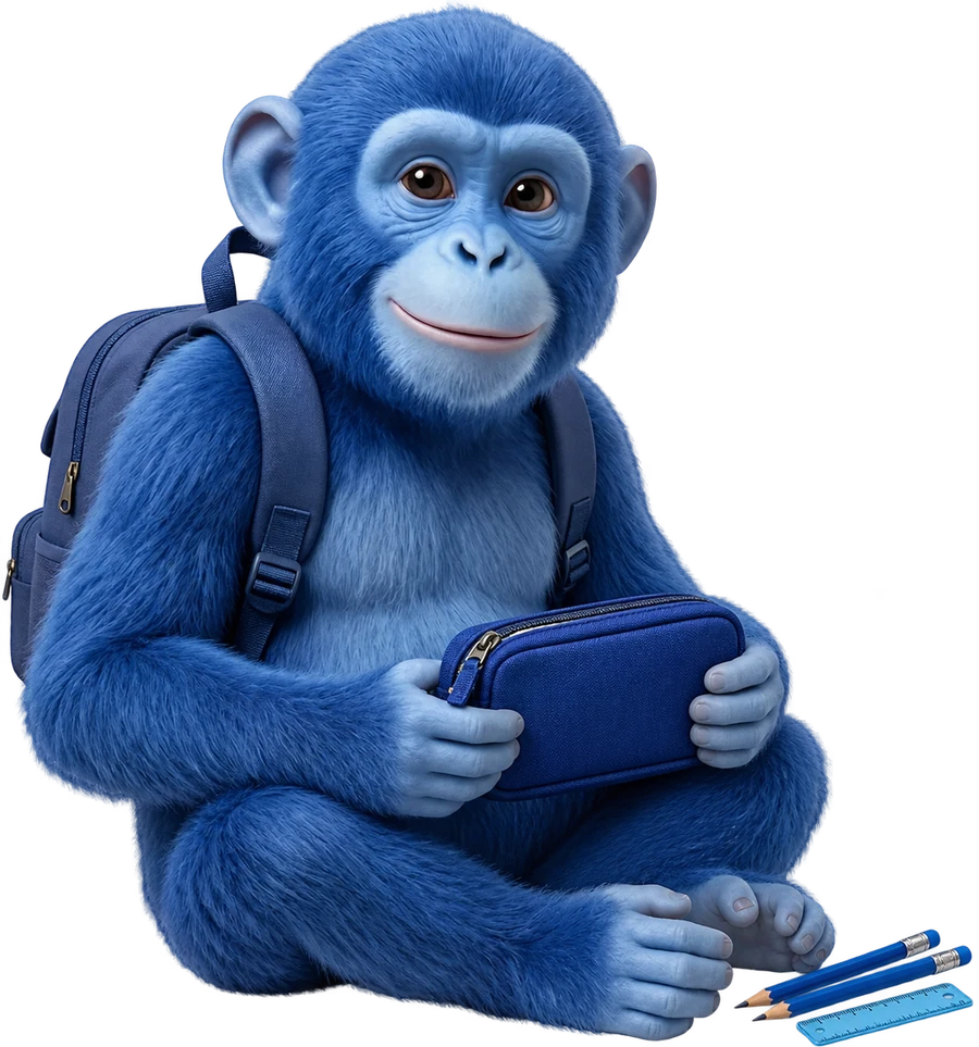 Hakim avec son sac bleu, une trousse, des crayons et une règle