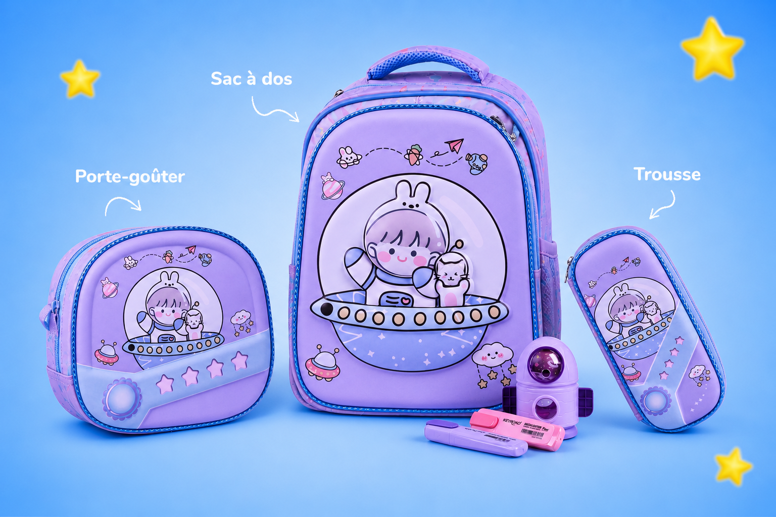 Set scolaire astronaute violet avec sac à dos, porte-goûter et trousse