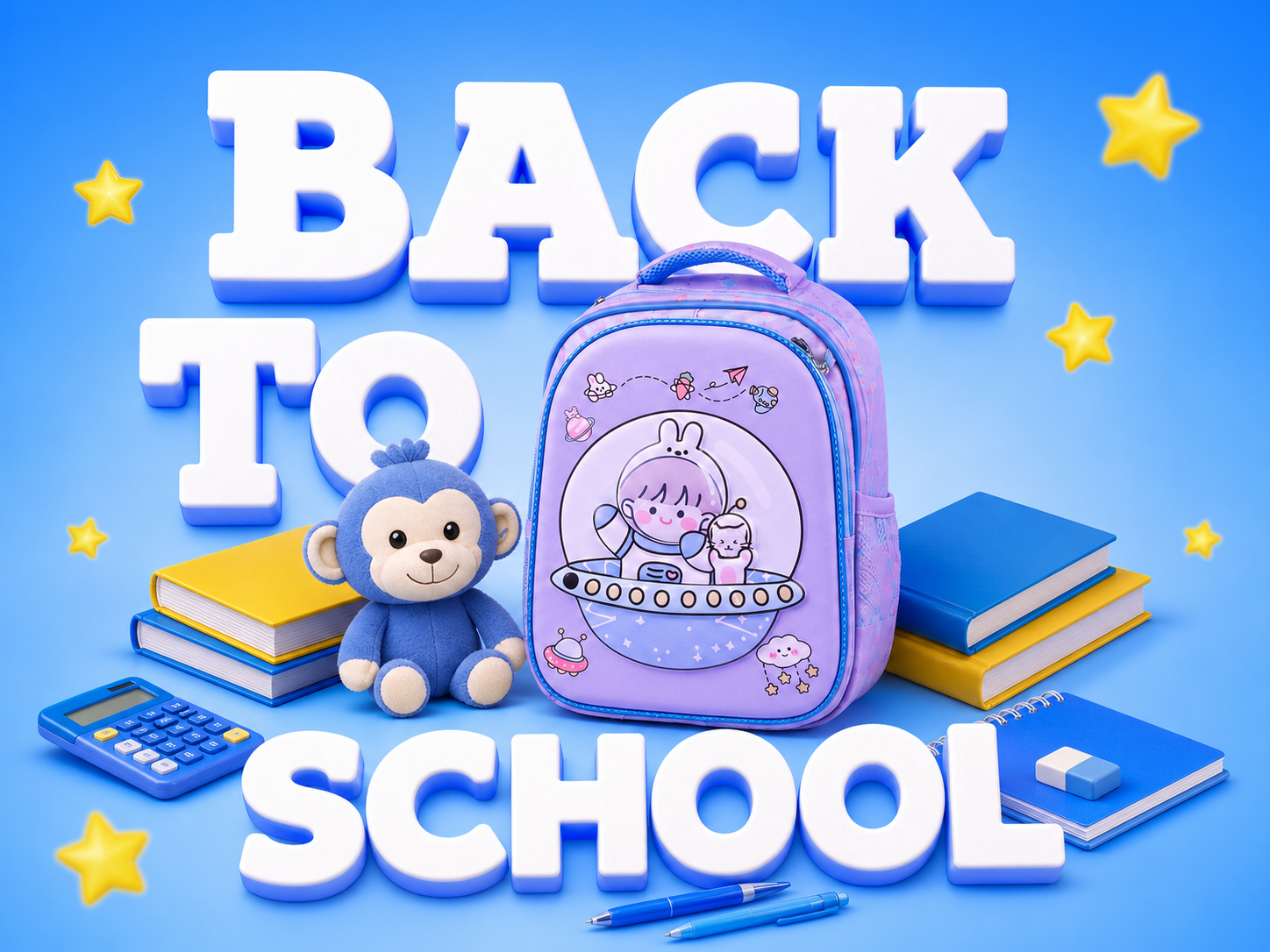 Sélection Back to School avec sac à dos astronaute, livres et fournitures