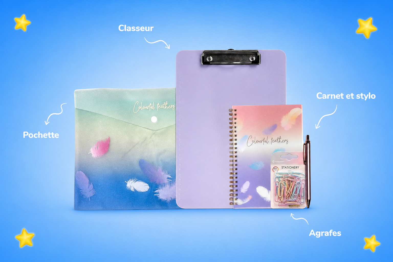 Classeur, pochette, carnet et accessoires aux couleurs pastel